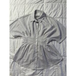 Black White Striped Short Sleeve Shirt Peplum Pleated Waist Button Down Small